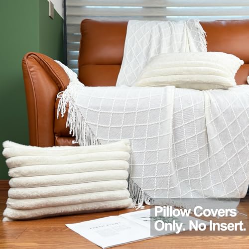 COTEY 12x20 Decorative Faux Fur Throw Pillow Covers Set of 2- Cream White - color: Cream White, size: 20" x 12" (Pack of 2)
