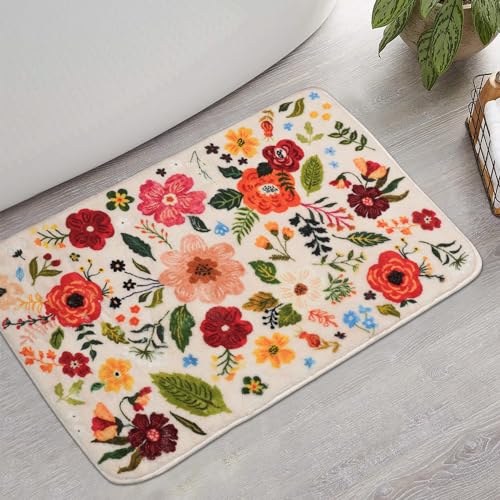 Floral Bathroom Rugs Cute Bath Mat 27x17, Flower Rug Non Slip Washable Bath Rugs, Soft Shower Rug for Bathtub Floor Decor (Beige) - color: Floral Beige, size: 1'5" x 2'3" (Rectangular)