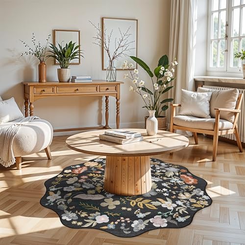Washable Scalloped 4ft Round Rug: 4x4 Boho Floral Circle Area Rug Black - color: Black, size: 4' (Round)