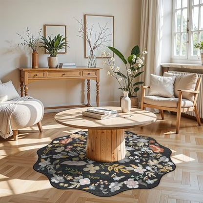 Washable Scalloped 4ft Round Rug: 4x4 Boho Floral Circle Area Rug Black - color: Black, size: 4' (Round)