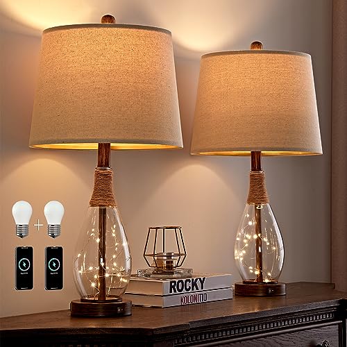 OYEARS 2 in 1 Bedside Table Lamps Set of 2, Farmhouse Glass Lamp, Wood-Like - color: Wood-Like
