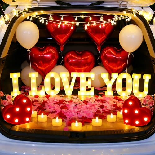I Love You Light Up Letters Sign, with 30 Tea Lights Candles, Rose Petals, Round Pearlescent Balloon, Aluminum Balloons, Romantic Valentine's Day Wedding Engagement Birthday Party Decoration - color: I LOVE YOU