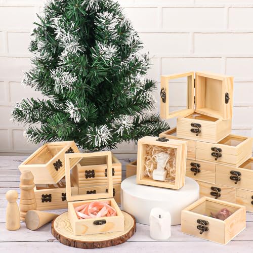 18 Pack Wood Box with Glass Lid, 3.54 x 3.54 x 1.77 inch Wooden Display Box with Hinged Lid for DIY Craft, Collectibles - size: 18 Pack 3.54 x 3.54 x 1.77 inch