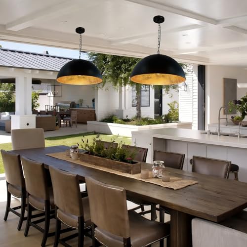 23.6 Inch Large Dome Pendant Light- Black and Gold Pendant Light with Gold Leaf Interior, Farmhouse Industrial Chandelier for Long Dining Table, Bar, Cafe - size: 23.6" Dome