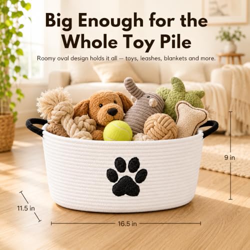 Dog Toy Basket with Handles, Cotton Rope Storage Bin Organizer for Pets - color: White/Black