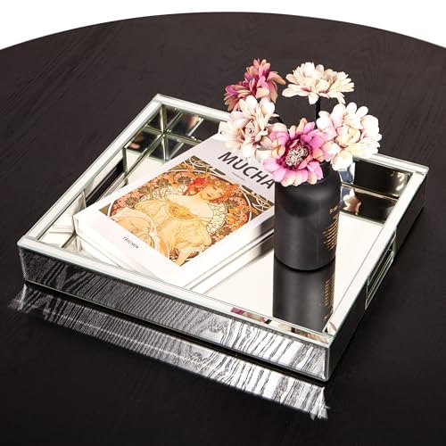 Mirrored Tray Decorative, 16x14x2.4 Silver Tray for Coffee Ottoman Trays for Living Room Perfume Jewelry Tray Bandejas Decorativas Wine Platter Modern Home Decor