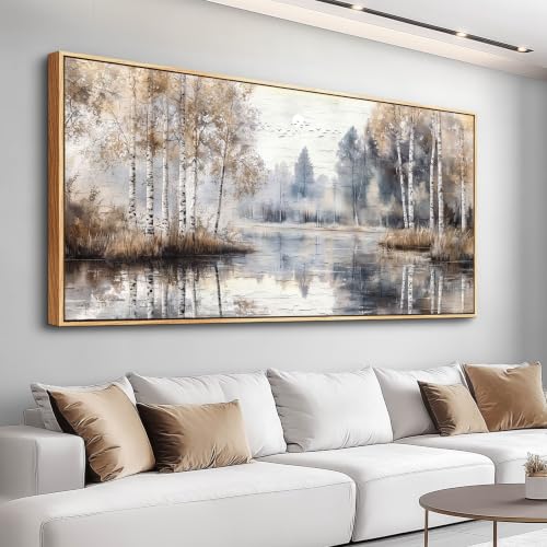 Wall Art for Living Room Large Wall Decor Art for Office Abstract Misty Birch Forest Landscape Painting Restaurant Wall Painting Canvas Printing Bedroom Home Decoration Wood Framed 20"X40" - color: White Birch Mist Forest, size: 40"L x 20"W