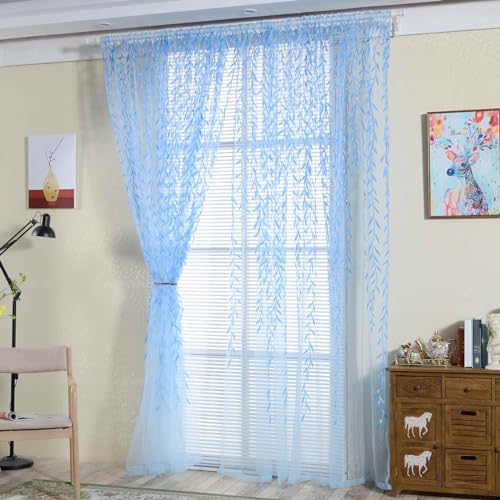 Ufurty 2pcs Willow Leaf Window Curtain Voile Tulle Vine Sheer Curtains - color: Blue Leaf, size: 39.4"W x 78.7"L (Pack of 2)