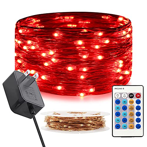 RUICHEN Fairy Lights Plug in with Remote, Copper Wire 33 Ft 100 LED, Red - color: Red