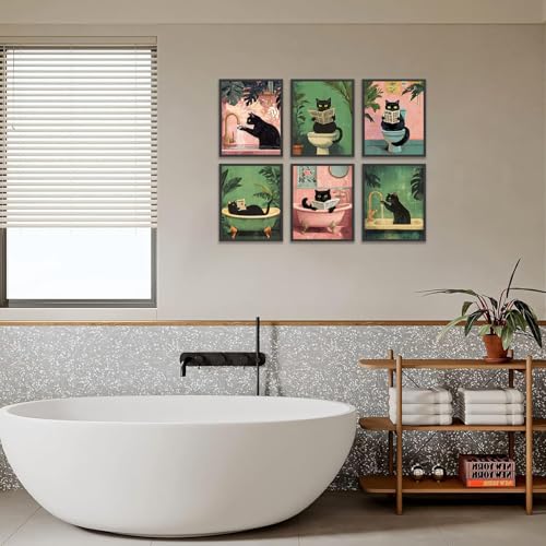 KBKBART 6pcs Funny Cat Bathroom Wall Art Prints Poster Unframed, 8x10 inch - color: Black Cat