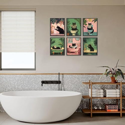 KBKBART 6pcs Funny Cat Bathroom Wall Art Prints Poster Unframed, 8x10 inch - color: Black Cat
