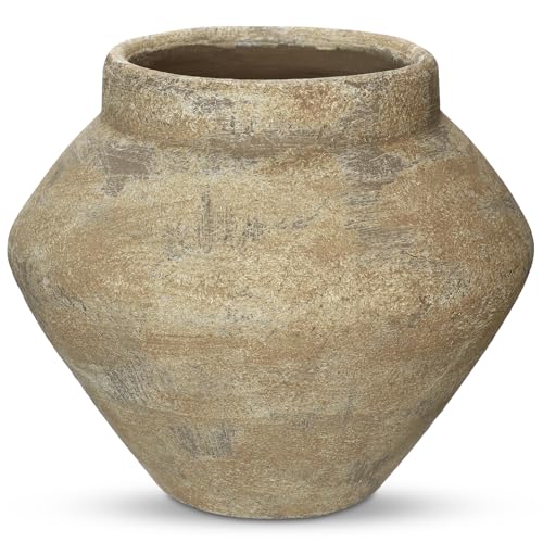 Briful Large Rustic Ceramic Vase with Distressed Finish, 8.2'' Tall Wide-Belly Decorative Flower Vases with Felt Pads, Retro Style Pottery for Home Decor, Table Centerpiece, Yellow Brown - color: 8.2'' Brown Yellow