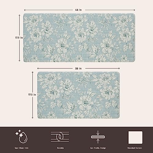 Laura Ashley - Anti-Fatigue Kitchen Mat, Iris Floral Design, Stain, Water & Fade Resistant, Cooking & Standing Relief, Non-Slip Backing, 2 Piece Set, Light Blue - color: Light Blue / Gray, size: 48"L x 17.5"W / 28"L x 17.5"W