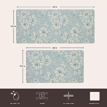 Laura Ashley - Anti-Fatigue Kitchen Mat, Iris Floral Design, Stain, Water & Fade Resistant, Cooking & Standing Relief, Non-Slip Backing, 2 Piece Set, Light Blue - color: Light Blue / Gray, size: 48"L x 17.5"W / 28"L x 17.5"W