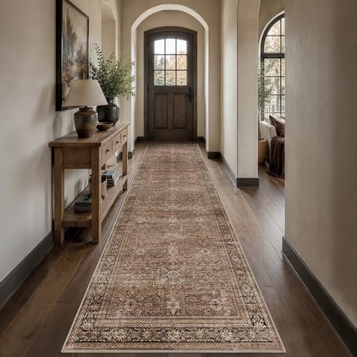 Schweek 3x12 Washable Kitchen Runner Rug Non Slip Hallway Rug Vintage Brown - color: Brown, size: 3' x 12' (Runner)