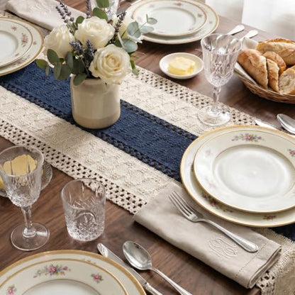 Boho Macrame Table Runner with Tassels 72in Blue Farmhouse Runner - color: White & Blue, size: 12'' x 72''