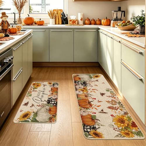 Baccessor Fall Pumpkin Kitchen Rugs Set of 2, 17x29 and 17x47 Inch - color: Fall Pumpkin