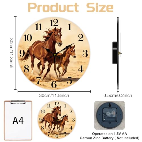 Horse Wall Clock Silent Non-Ticking 12" for Living Room Decor - color: Horse