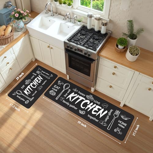 KIMODE Anti Fatigue Kitchen Mats,Black Farmhouse Kitchen Rugs Sets of 2 - color: Kitchen/Black, size: 59"L x 17.3"W x 0.47"Th + 29"L x 17.3"W x 0.47"Th