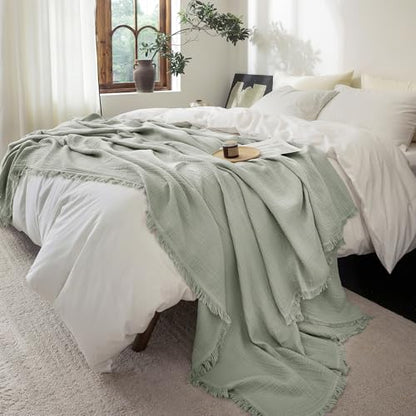 FOSSA Muslin Blanket 4-Layer 100% Cotton Gauze Blanket with Fringe 50"x70" - color: Sage Green, size: Throw XL (50" × 70")