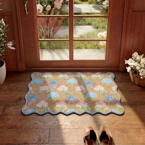 Dunzy Hydrangea Doormat Pink Blue Bow Scalloped Welcome Front Door Mat - style: Hydrangea Bow