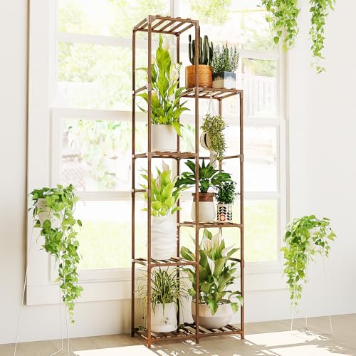 Bamworld Plant Stand Indoor Outdoor 7 Tier Tall Large Wood Plant Shelf - color: Brown, size: 7 Tiers - High Shelf Distance
