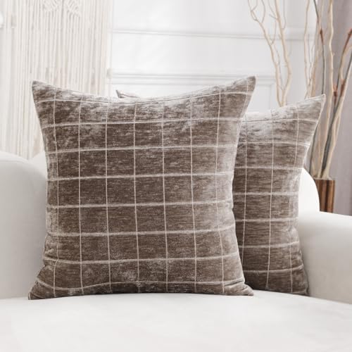 HPUK Checkered Throw Pillow Covers 18x18 Inch, Soft Cut Velvet, Set of 2 - color: Chenil Check-coffee