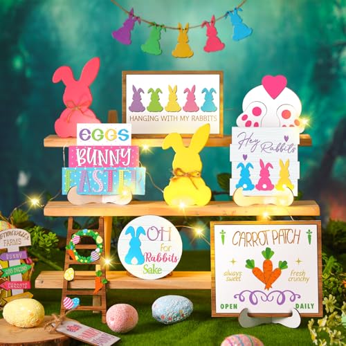 Menkxi 15 Pcs Easter Spring Tiered Tray Decor Set Bunny Wooden Table Sign Easter Tiered Tray Decorations Farmhouse Tabletop Sign for Home Kitchen(Bunny) - style: Bunny