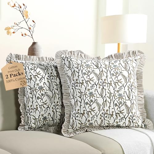CPC Autumn Vine Block Print Ruffle Pillow Cover 18x18 Inch, Pack of 2 - color: Autumn Vine, size: 18" x 18" (Pack of 2)
