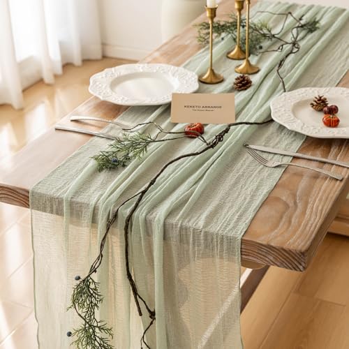 10Pcs Sage Green Cheesecloth Table Runner 120 Inches for Party Home Decor - color: Sage Green, size: 35"x120"(Pack of 10)