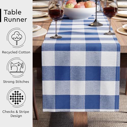 Encasa XO Table Runner, Woven Cotton Dining Linens 13"x72" Blue - color: Buffalo Blue Checks, size: 13x72 in
