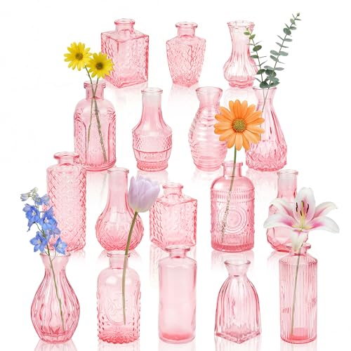 Glass Bud Vases in Bulk Small Mini Pink Vase for Flowers 17pc - color: Pink