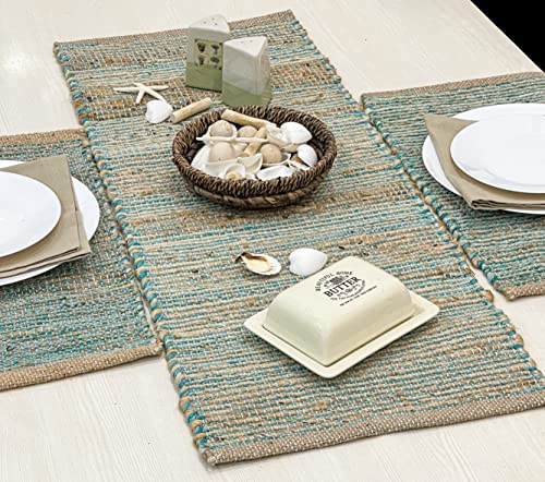 Chardin home Natural Jute Table Runner 13x48 Inch – Vintage Boho Rustic Table Decor – Handwoven Table Runner in Natural Jute and Aqua Turquoise – Farmhouse Dining or Console Table Accent - color: Natural Jute-aqua Turquoise, size: 13x48 Inch.