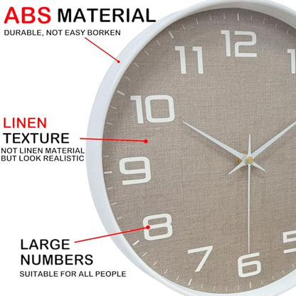 8 Inch Modern Wall Clocks Battery Operated - Silent Non Ticking Quartz Analog Clock with Large Numbers Burlap Texture, Digital Wall Clock for Bedroom Living Room Kitchen Office Gym, White - color: White Brown, size: 8 Inch