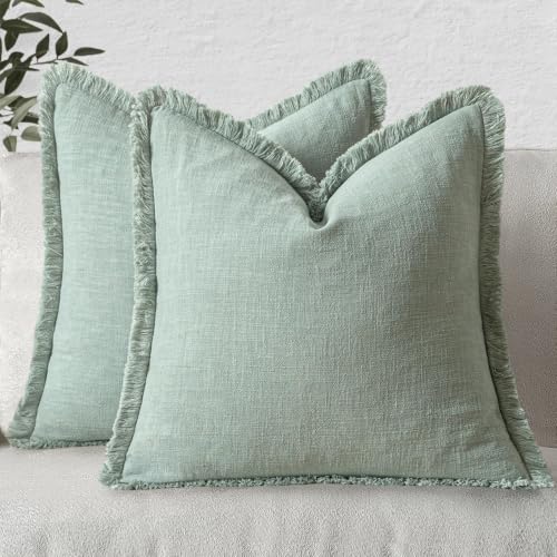 MIULEE Boho Linen Fringe Decorative Throw Pillow Covers Aqua Green 18x18 - color: Aqua Green, size: 18" x 18" (Pack of 2)
