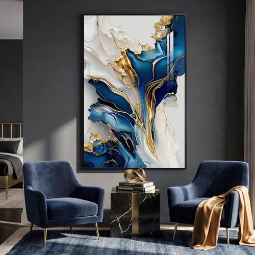 Extra Large Framed Blue White and Gold Abstract Wall Art, Vertical 40x60 In - color: Blue and White A, size: 60"L x 40"W