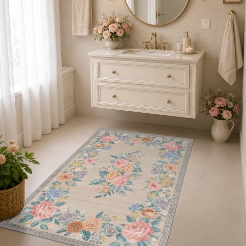 Rose Floral Washable Bedroom Rug 3x5, Non Slip Indoor Floor Door Mat – Pastel Botanical Spring Rug for Kitchen Entryway Laundry, Low Pile Vintage Cottage Stain Resistant Home Décor (Beige & Cream) - color: Warm Beige, size: 3' x 5' (Rectangular)