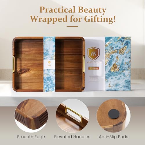 Acacia Wood Serving Tray with Gold Handles (Natural, 17" x 13" x 2") - color: Natural Acacia / Gold Handle, size: 17” × 13” × 2”