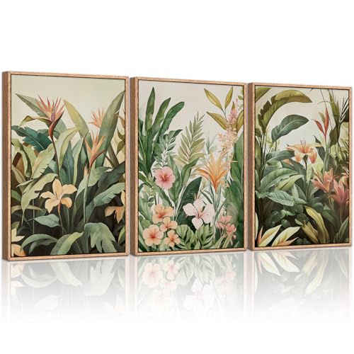 HLNIUC Boho Tropical Leaves Wall Art,Modern Abstract Floral Canvas Wall Decor Set of 3(16”x24”) Green Plant Banana Leaf Painting,Tropical Botanical Jungle Art Print for Living Room,Bedroom,Office - color: Tropical Leaves, size: 16"L x 24"W