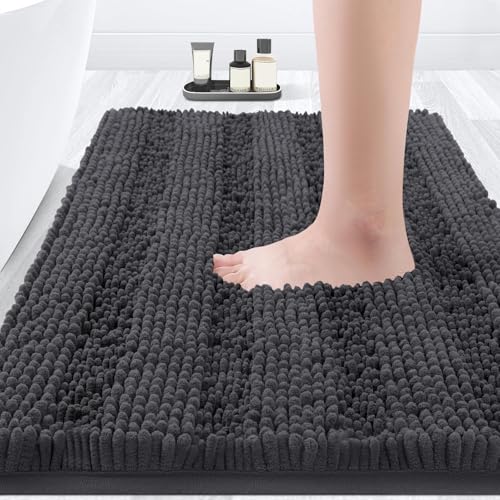ACCUMTEK Striped Grey Bathroom Rug Mat 32"x20" Ultra Soft, Non Slip Chenille Bath Rugs, Absorbent Plush Shaggy Bath Mats for Bathroom, Bedroom, Kitchen, Shower, Tub,Deep Grey - color: Dark Gray, size: 1'8" x 2'8" (Rectangular)