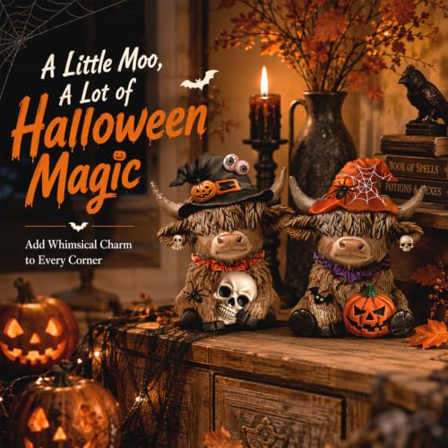 Karenhi 2 Pcs Highland Cow Figurines, Halloween Tabletop Statues Decor - style: Halloween