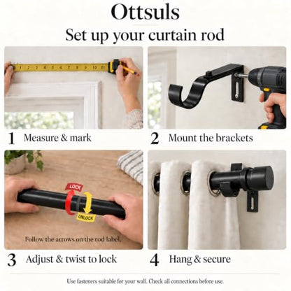 Ottsuls Black Curtain Rod, Adjustable 32-46 in, Extends to 58 in - size: 32" to 46"