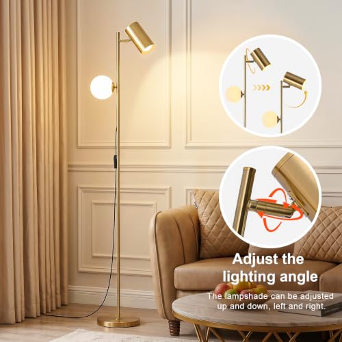 Gold Brass Brushed Floor Lamp, 3-Color Dimmable Bulb, 63" Tall - color: Gold