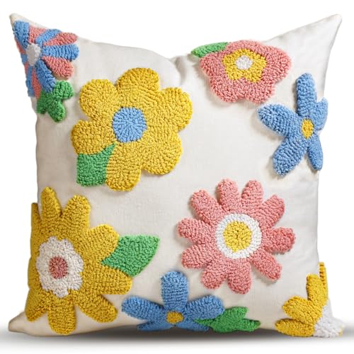 Throw Pillow Covers 18x18 - Tufted Decorative Pillow Cover with Zipper for Couch Sofa Bed Living Room Aesthetic Cute Soft Spring Summer Farmhouse Indoor Pillowcase, Five Color Flower - color: Five Color Flower, size: 18" x 18" (Pack of 1)