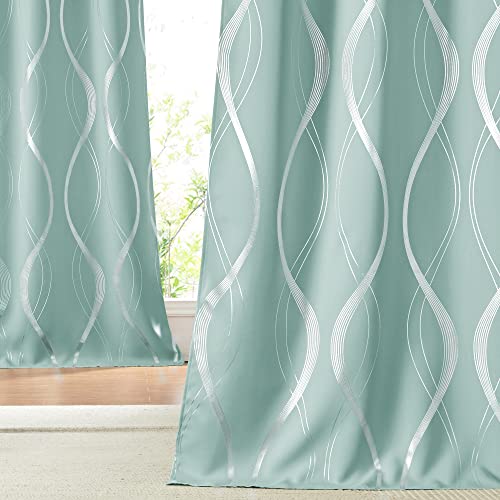 NICETOWN Aqua Blue Foil Print Curtains 90 inch Long for Patio - color: 1 - Aqua Blue, size: 52"W x 90"L (Pack of 2)