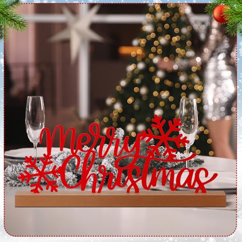 Yaocom 13.78 Inch Merry Christmas Table Sign Xmas Metal Letter Decor Christmas Freestanding Tabletop Decoration with Wooden Base for Home Tiered Tray Centerpiece Mantel Shelf Fireplace - style: Christmas