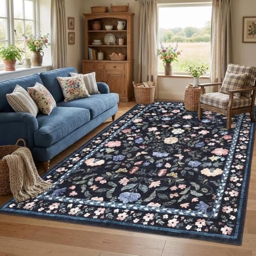 GarveeHome 5x7 Washable Floral Area Rug Low Pile Nursery Dark Grey Blue - color: Dark Grey Blue, size: 5' x 7' (Rectangular)