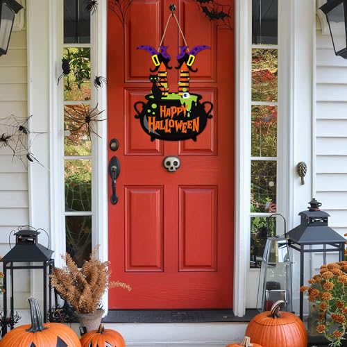 Halloween Witch Door Sign Happy Halloween Wooden Sign Plaque Witch Leg Front Door Hanging Decor Wood Welcome Signs for Home Farmhouse Hanger Porch Wall Decor Witches Party Supplies