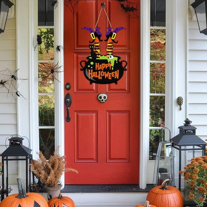 Halloween Witch Door Sign Happy Halloween Wooden Sign Plaque Witch Leg Front Door Hanging Decor Wood Welcome Signs for Home Farmhouse Hanger Porch Wall Decor Witches Party Supplies