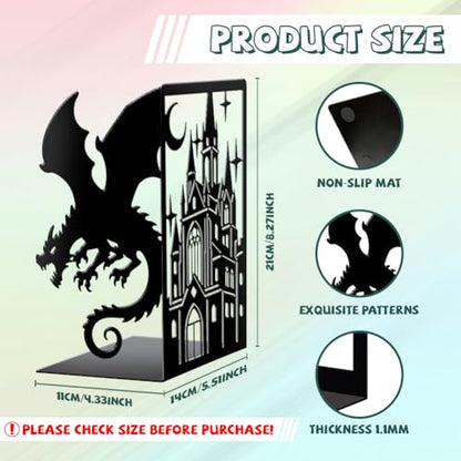Peacoblue 5.5"x4.3"x8.3" Metal Bookends, Heavy Duty Book Ends for Shelves - style: Dragon with Castle and Moon